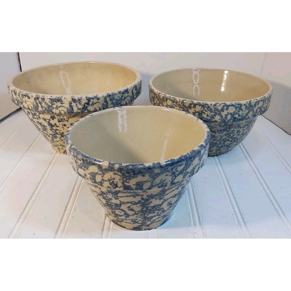 Robinson Ransbottom Stoneware Spongeware Nesting Mixing Bowl Set 6" 7.5" 8" VTG